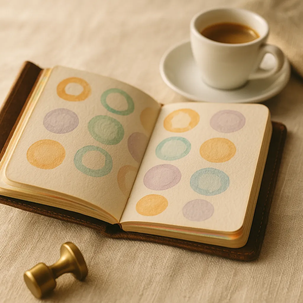 Carnet de voyage en cuir ouvert sur du lin crème, ses pages couvertes de tampons colorés, à côté d’une tasse d’espresso.