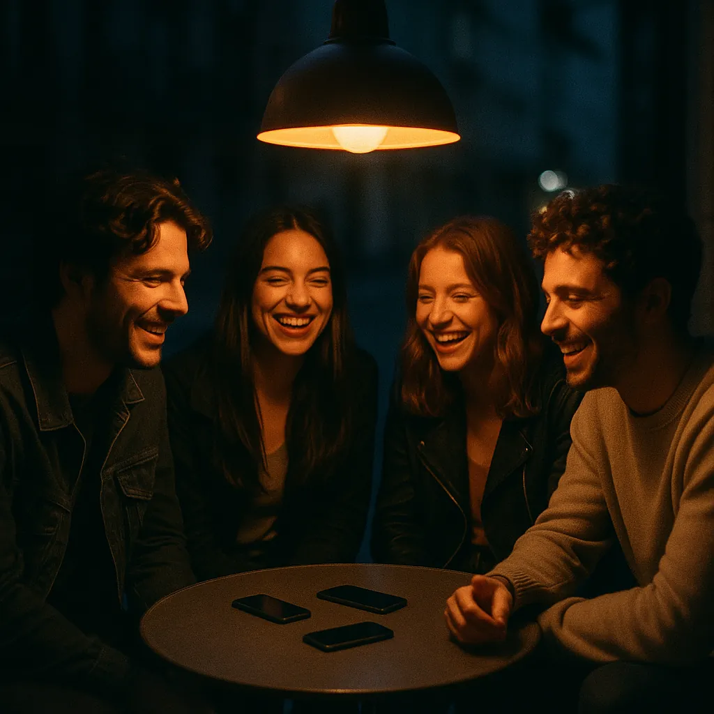Quatre amis autour d’une petite table ronde en terrasse le soir, téléphones posés sur la table sous une lampe ambrée.